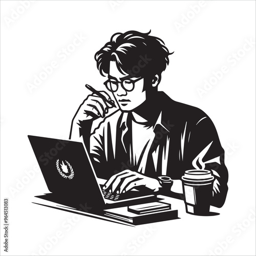 Asian writer with laptop and coffee vector illustration silhouette