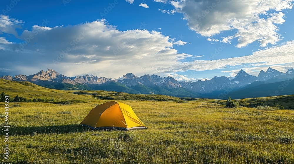 Serene Tented Campsite in Meadow Overlooking Distant Mountain Ranges Serene Tented Campsite in Meadow Overlooking Distant Mountain Ranges