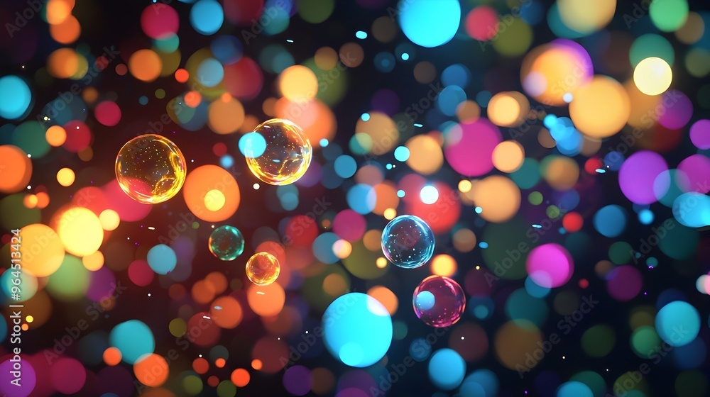 Naklejka premium Glowing Rainbow Bubbles Floating in Mystical Dark Space Dreamscape