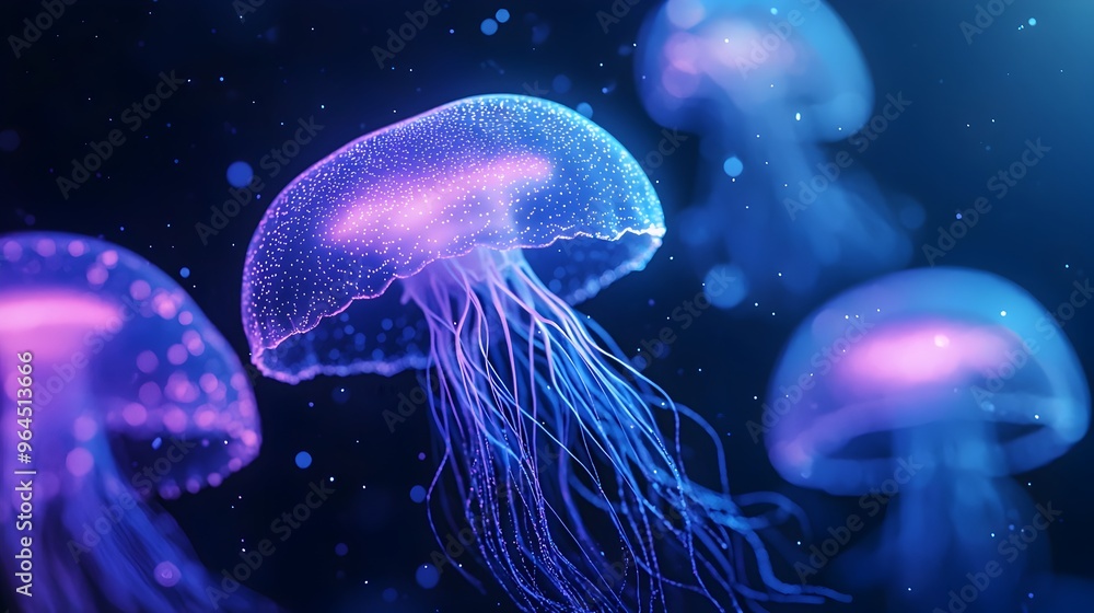 Naklejka premium Glowing Bioluminescent Sea Creatures in Mysterious Deep Ocean Ecosystem