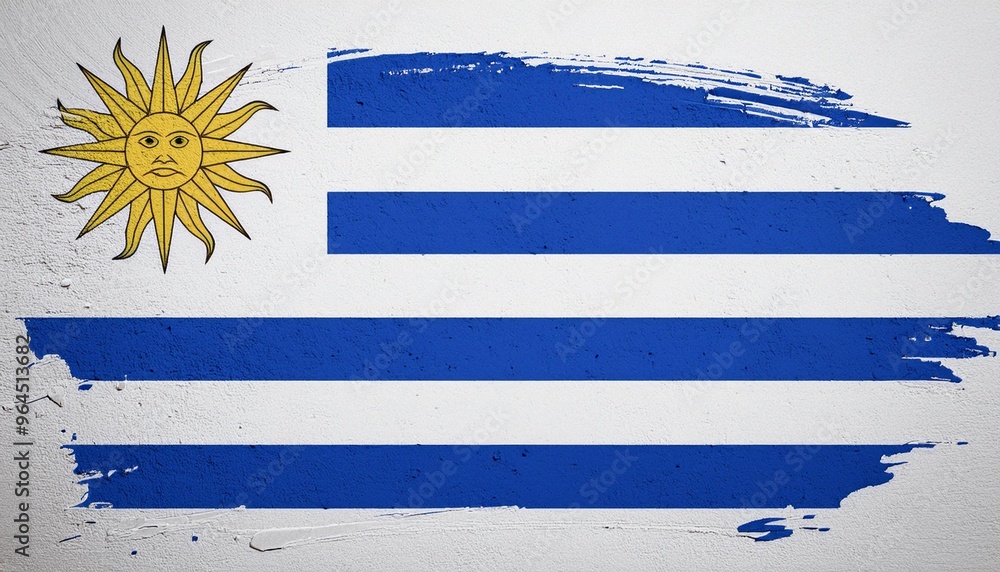 Fototapeta premium Uruguay flag background with a paint splash texture on the wall