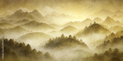 Misty mountains background with olive and sepia brush strokes