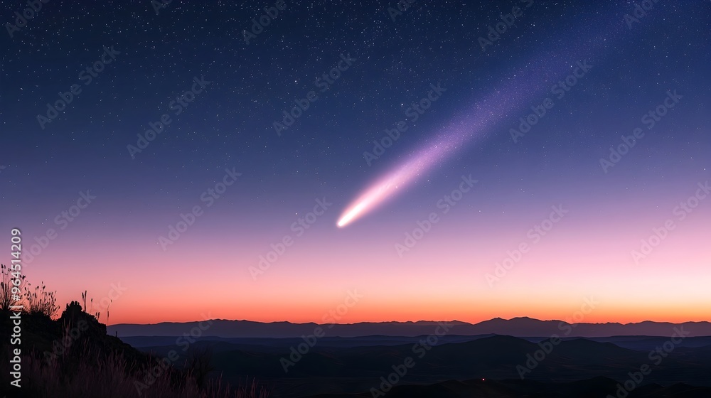 Fototapeta premium Mesmerizing Glowing Comet Trails Streaking Across Twilight Celestial Sky