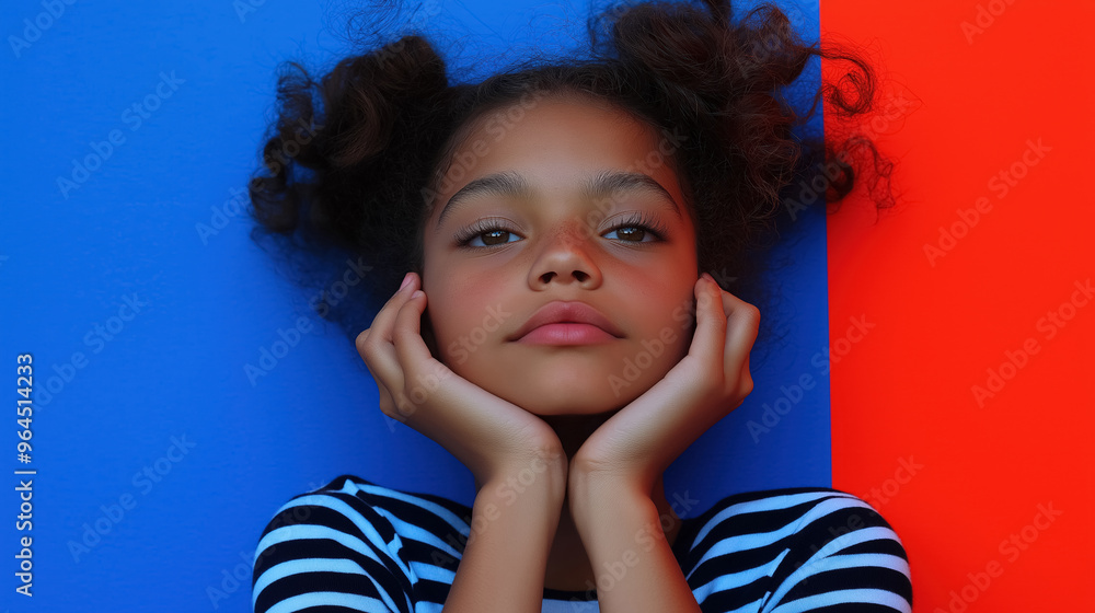 Young girl resting her face on her hands, with a relaxed expression, against a vibrant background split between blue and red, wearing a striped shirt. Young girl resting her face on her hands, with a relaxed expression, against a vibrant background split between blue and red, wearing a striped shirt.
