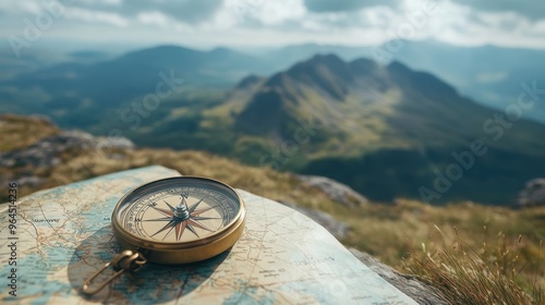 Explore Your Path: Close-up of Compass on Map with Distant Mountain Range View