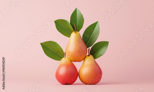 Three ripe pears with green leaves on a pastel pink background, creating a fresh and vibrant visual appeal perfect for food photography.