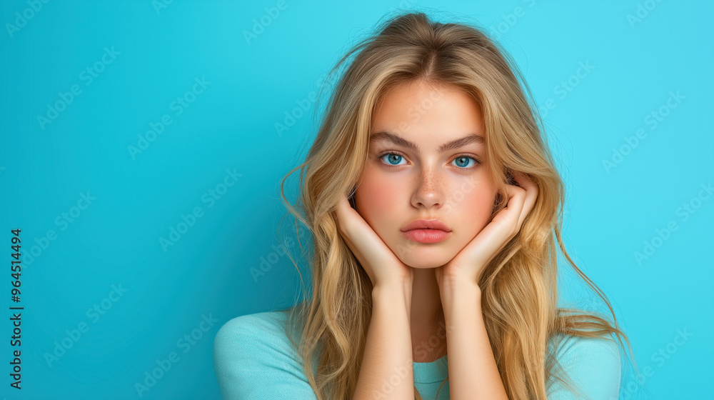 Young blonde woman resting her face on her hands, wearing a pastel blue shirt, set against a matching blue background, with a calm and thoughtful expression. Young blonde woman resting her face on her hands, wearing a pastel blue shirt, set against a matching blue background, with a calm and thoughtful expression.