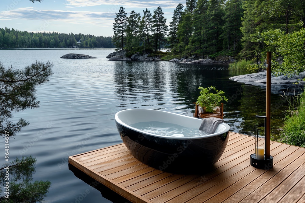 Outdoor bathtub, floating deck, lakeside escape offers a peaceful bath experience as you float gently over calm waters Outdoor bathtub, floating deck, lakeside escape offers a peaceful bath experience as you float gently over calm waters