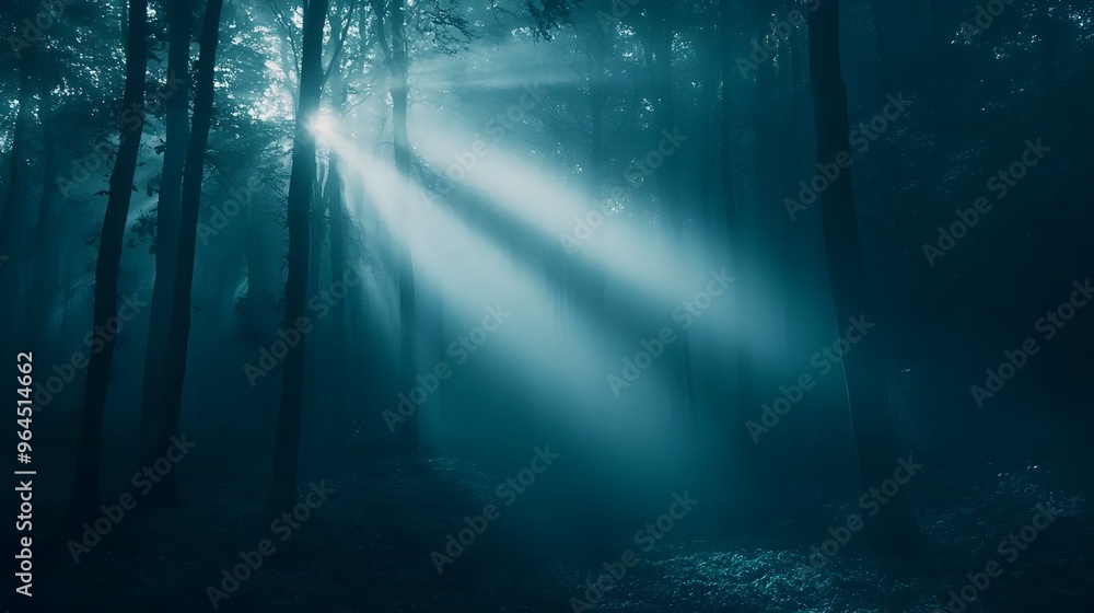 Fototapeta premium Glowing Light Beams Break Through Misty Forest Atmosphere Creating Mysterious and Captivating