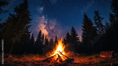 Tranquil Campfire Setting in Remote Wilderness with Starry Night Sky and Pine Trees photo