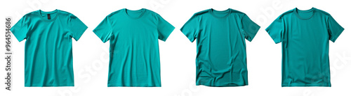 Set of four teal blue t-shirts displayed in a row. Perfect for fashion, retail, and clothing design concepts.