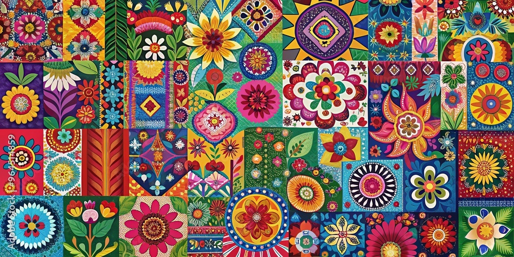 Bold and colorful folk art collage background featuring a variety of patterns and shapes Bold and colorful folk art collage background featuring a variety of patterns and shapes