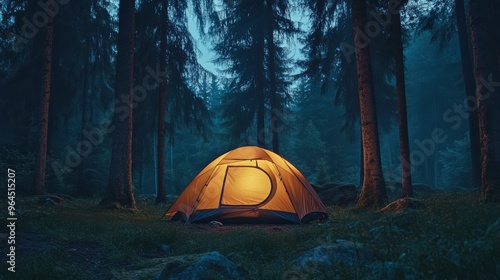 Close-up of a tent illuminated from within set up in a remote forest at dusk with tall trees surrounding it