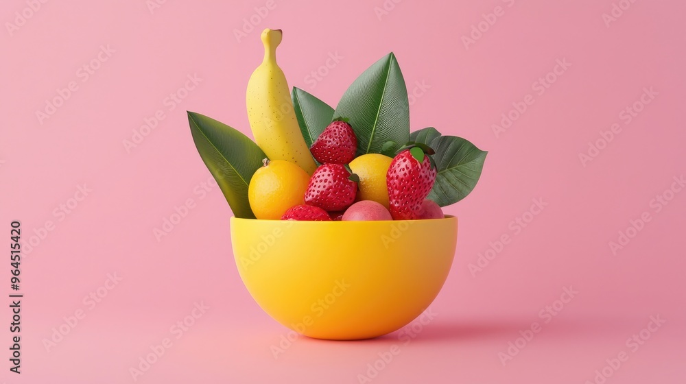 Vibrant fruit bowl with bananas, strawberries, lemons, and green leaves against a pink background. Perfect for healthy lifestyle themes. Vibrant fruit bowl with bananas, strawberries, lemons, and green leaves against a pink background. Perfect for healthy lifestyle themes.