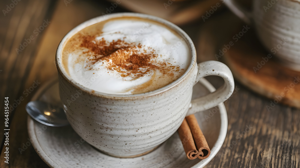 A cup of chai tea latte with frothy milk and a dusting of cinnamon, served in a ceramic mug with a cinnamon stick on the side. A cup of chai tea latte with frothy milk and a dusting of cinnamon, served in a ceramic mug with a cinnamon stick on the side.