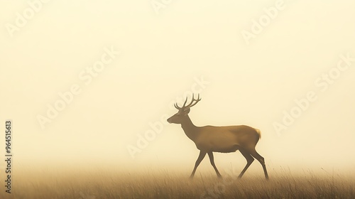 A lone elk walks through a foggy field at dawn.