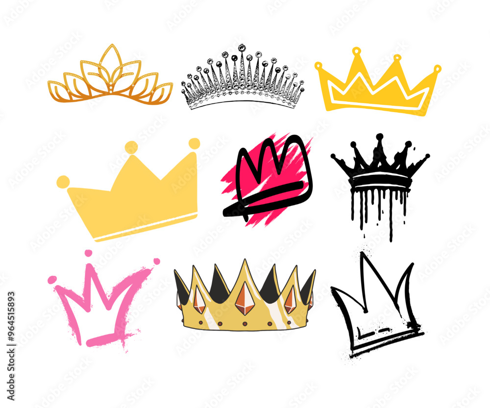 Royal Splashes Graphics Vector spray paint graffiti crowns set. Black painted ink king, queen ...