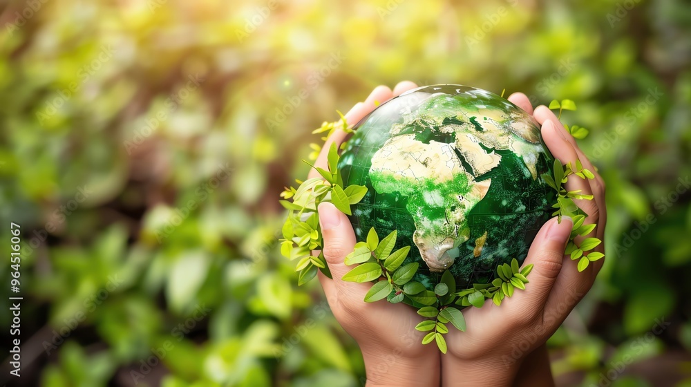 Hands gently hold a globe adorned with greenery, symbolizing care for the Earth and promoting environmental awareness.