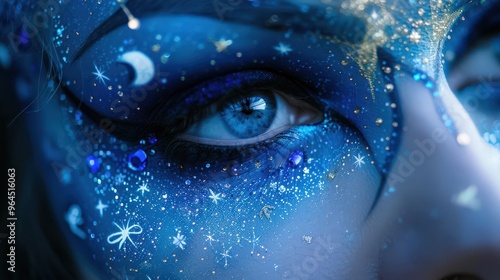 A captivating close-up of a blue-themed face paint design with intricate star and moon patterns around an expressive eye.