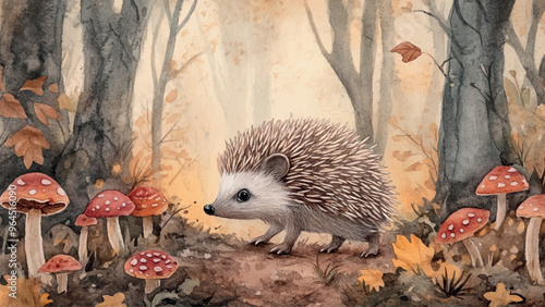 Hedgehog Walking Through Forest Clearing Covered With Mushrooms Watercolor Illustration For Childrens Book Adorable Hedgehog Character Enchanted Clearing Colorful Kids Storybook