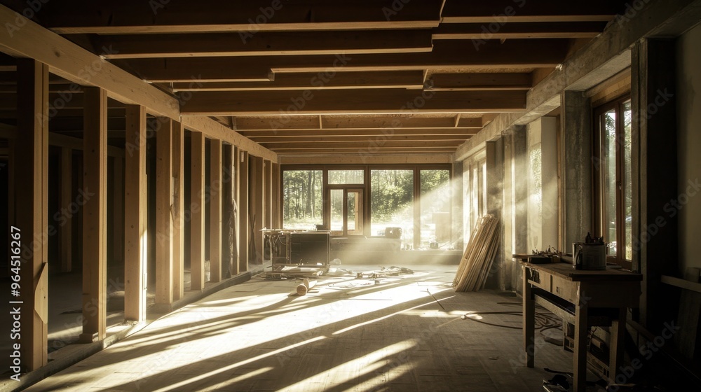 House construction in progress with exposed wooden beams. Natural light streams through open spaces, emphasizing the skeletal structure and the potential of the future home House construction in progress with exposed wooden beams. Natural light streams through open spaces, emphasizing the skeletal structure and the potential of the future home