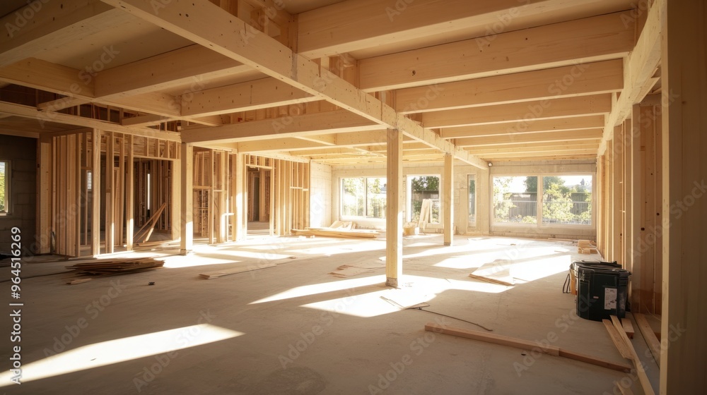 House construction in progress with exposed wooden beams. Natural light streams through open spaces, emphasizing the skeletal structure and the potential of the future home House construction in progress with exposed wooden beams. Natural light streams through open spaces, emphasizing the skeletal structure and the potential of the future home