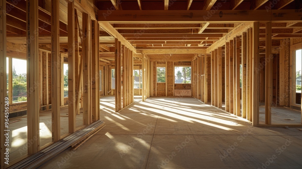 House construction in progress with exposed wooden beams. Natural light streams through open spaces, emphasizing the skeletal structure and the potential of the future home House construction in progress with exposed wooden beams. Natural light streams through open spaces, emphasizing the skeletal structure and the potential of the future home