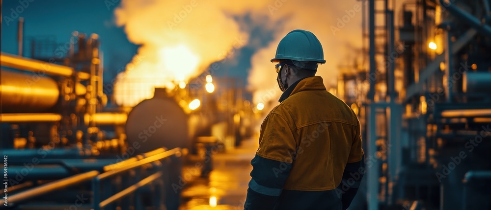 Heavyset engineer inspecting pipelines at oil refinery evening light steam rising from equipment high detail focus dynamic composition Heavyset engineer inspecting pipelines at oil refinery evening light steam rising from equipment high detail focus dynamic composition