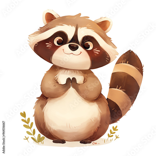 Cute cartoon raccoon standing with a happy expression, hands together, surrounded by small plants, isolated on a white background. photo