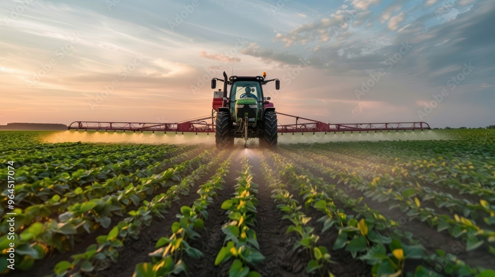 A tractor sprays pesticides on soybean crops in a farm field during a spring evening. Concept Farm life, Agriculture, Pesticide application, Soybean crops, Spring evening A tractor sprays pesticides on soybean crops in a farm field during a spring evening. Concept Farm life, Agriculture, Pesticide application, Soybean crops, Spring evening
