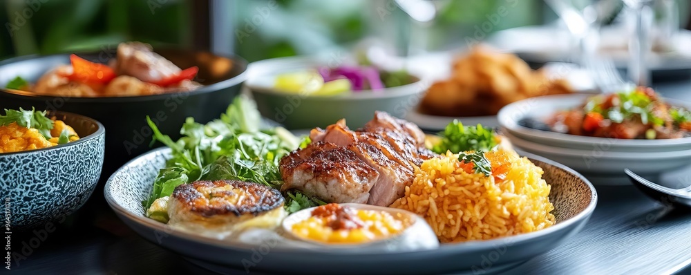 A vibrant plate of grilled chicken served with rice and fresh greens, perfect for showcasing culinary art and gourmet dining. A vibrant plate of grilled chicken served with rice and fresh greens, perfect for showcasing culinary art and gourmet dining.