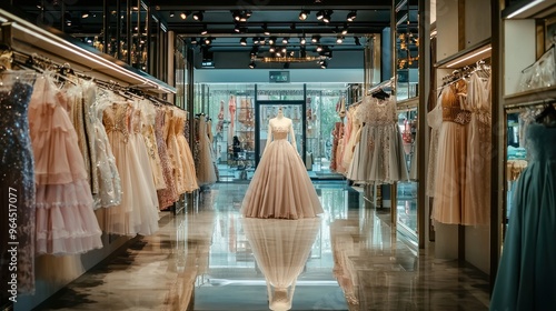 A luxurious, well-lit fashion boutique showcasing a beautifully designed dress or accessory in a visually enticing display.