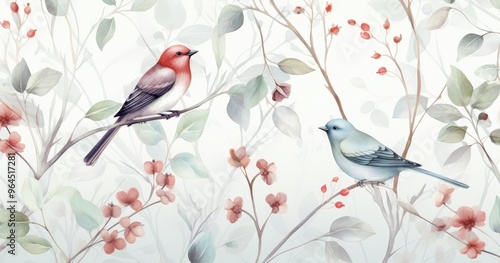 A serene illustration featuring two colorful birds perched on branches amidst delicate flowers and leaves.