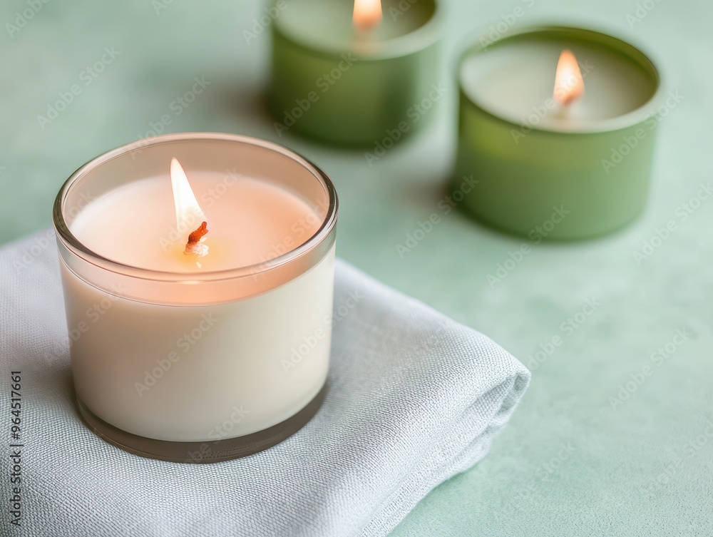 A soothing candle burns softly on a neatly folded cloth, creating a calming ambiance with delightful light and fragrance.