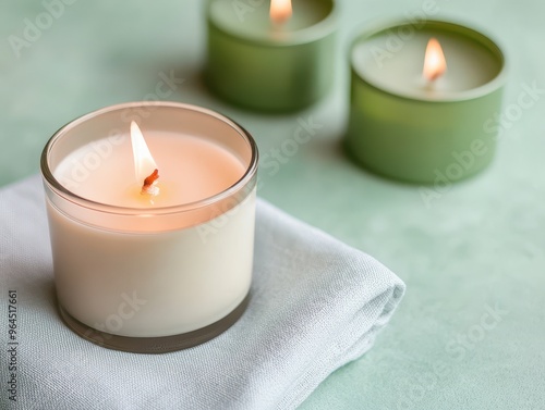 A soothing candle burns softly on a neatly folded cloth, creating a calming ambiance with delightful light and fragrance.