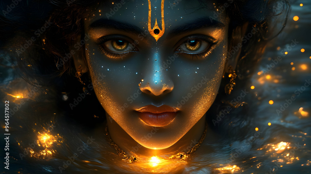 A mystical portrait featuring a person with glowing elements and intricate details. A mystical portrait featuring a person with glowing elements and intricate details.