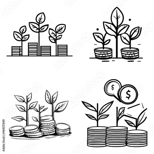 Growing Investments Depicting financial growth and investment returns with plants and currency stacks for a prosperous future.