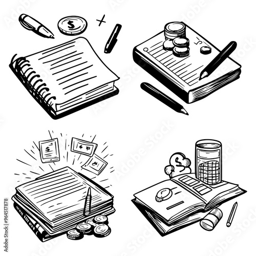 Financial Planning Concepts Hand-Drawn Illustrations of Budgeting, Saving, and Investment Strategies