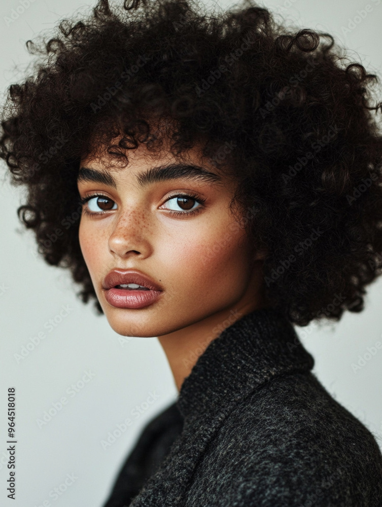 A model with tight, defined ringlet curls, styled for a natural and textured salon catalog A model with tight, defined ringlet curls, styled for a natural and textured salon catalog