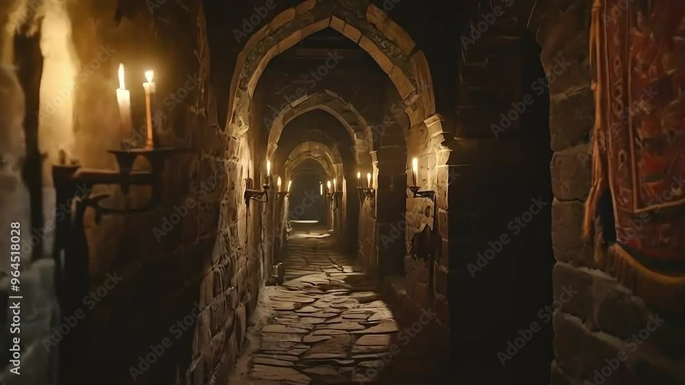 A dimly lit stone hallway in a medieval castle with lit candles on the walls, leading to an unknown destination.