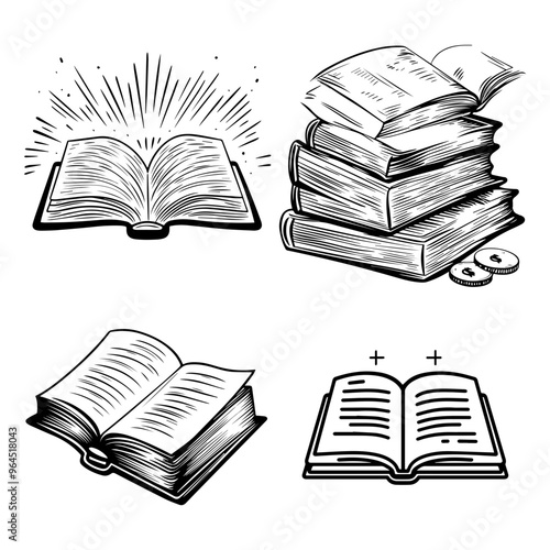 Illustrations of Stacked and Opened Books, Ideal for Educational and Literary Themes