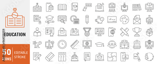 Education icon collection. Containing distance learning, virtual classroom, online learning, e-learning icon. Simple line vector illustration.