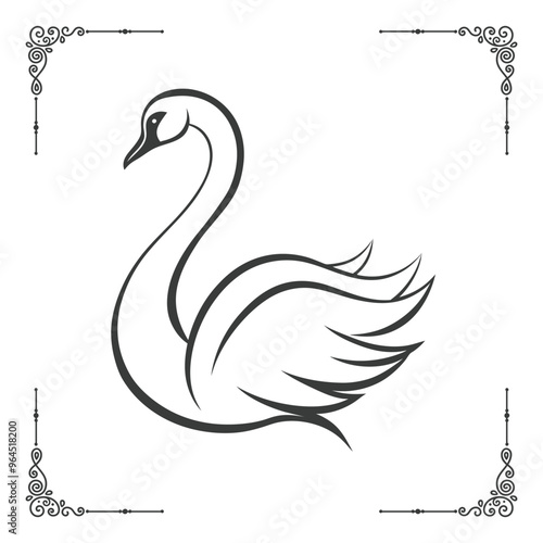 Sleek vector illustration of a graceful swan in minimalist line art, bold black silhouette.