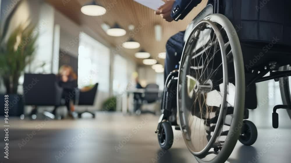 Close-up of a wheelchair in a modern office, focusing on mobility and accessibility in the professional environment. Close-up of a wheelchair in a modern office, focusing on mobility and accessibility in the professional environment.
