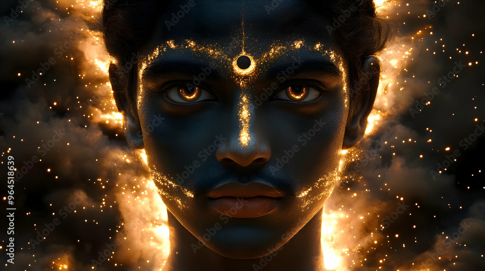 A mystical portrait with glowing elements and intense eyes, evoking a spiritual essence. A mystical portrait with glowing elements and intense eyes, evoking a spiritual essence.