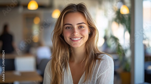 Smiling young woman in cozy modern office, casual work environment with natural light and plants 