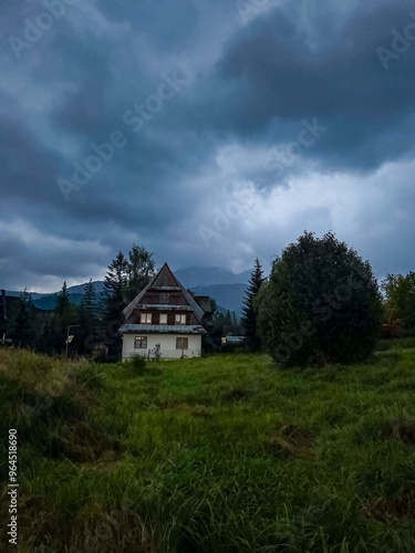 The house is surrounded by trees and mountains, under a dramatic, cloudy sky. High quality photo photo