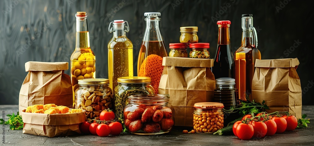 Assortment of various food items in glass jars and paper bags on a gray surface with a dark background. Assortment of various food items in glass jars and paper bags on a gray surface with a dark background.