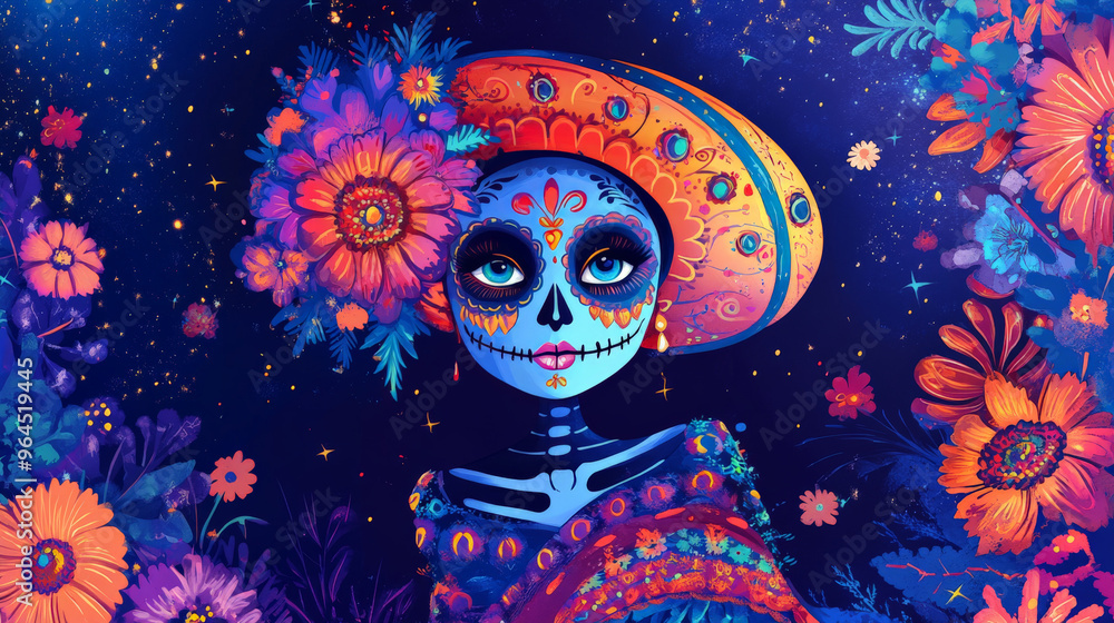 Obraz premium Floral-Adorned Traditional Catrina in Vibrant Colors for Day of the Dead