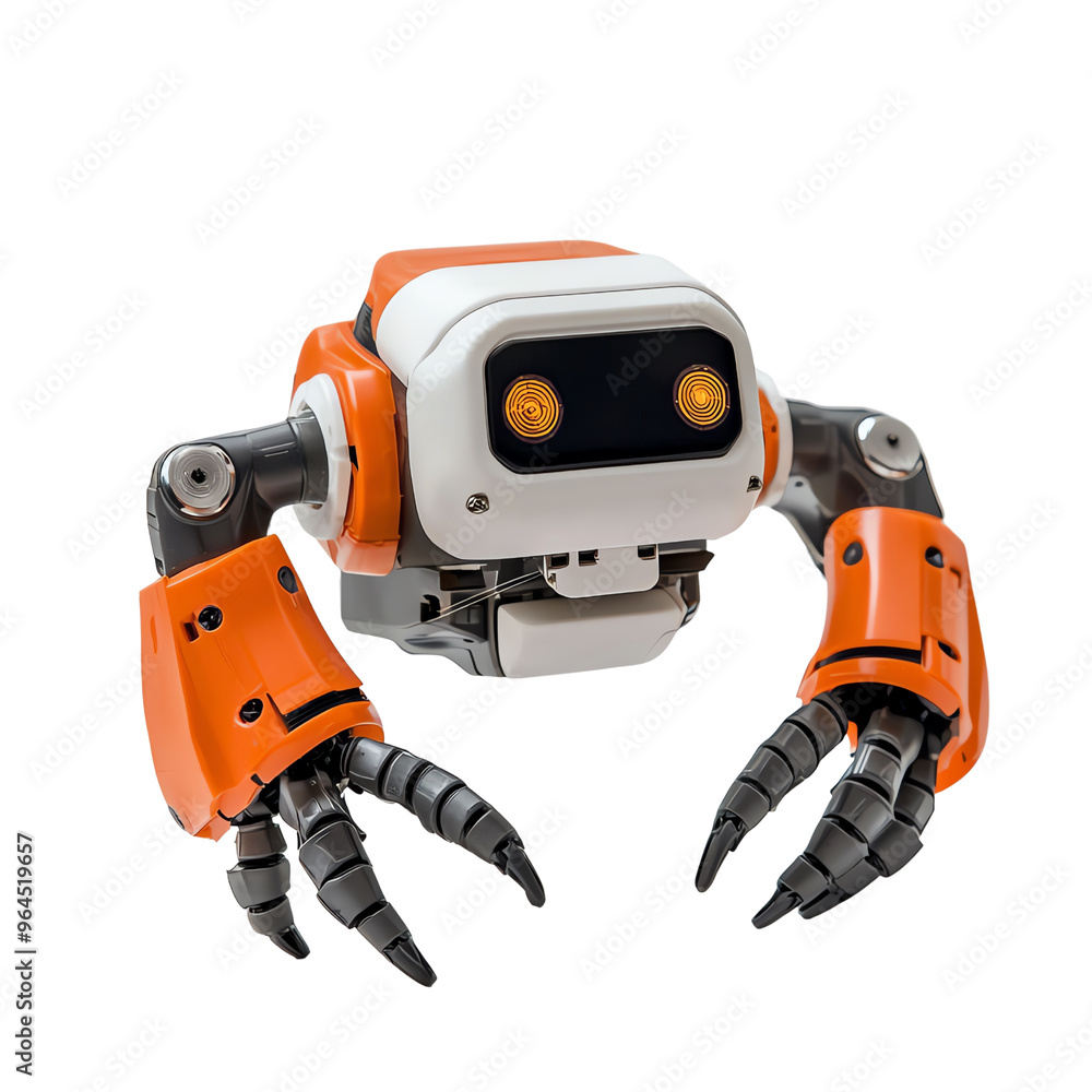 Innovative robotic arm with an orange and white design, showcasing advanced technology and mechanical articulation for various tasks. Innovative robotic arm with an orange and white design, showcasing advanced technology and mechanical articulation for various tasks.